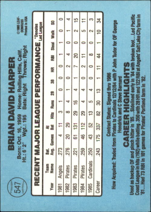1986 Donruss Baseball "Main Set" Base Cards #441 to #660 - Picture 215 of 439