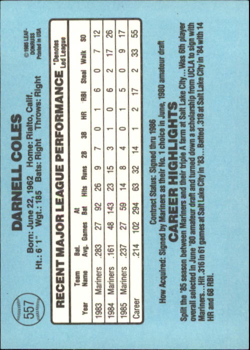 1986 Donruss Baseball "Main Set" Base Cards #441 to #660 - Picture 235 of 439