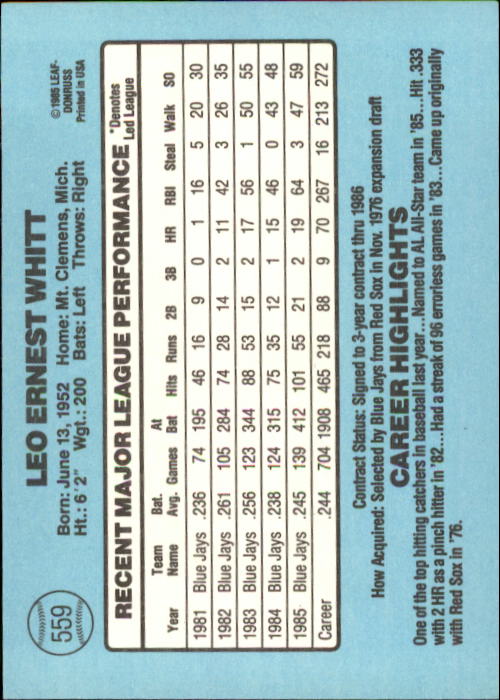 1986 Donruss Baseball "Main Set" Base Cards #441 to #660 - Picture 239 of 439