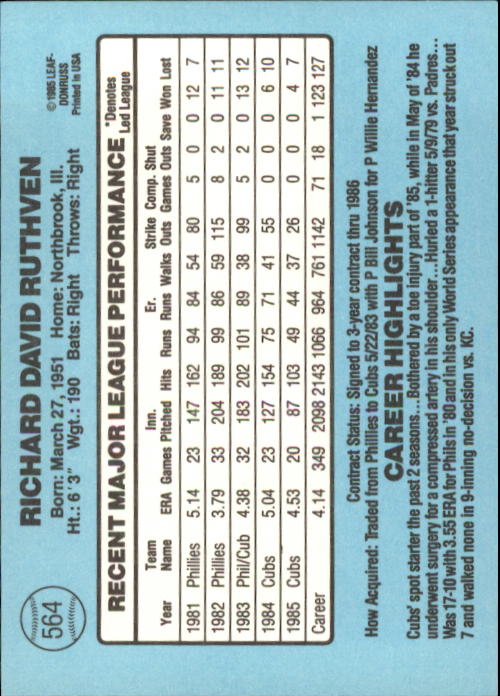 1986 Donruss Baseball "Main Set" Base Cards #441 to #660 - Picture 249 of 439