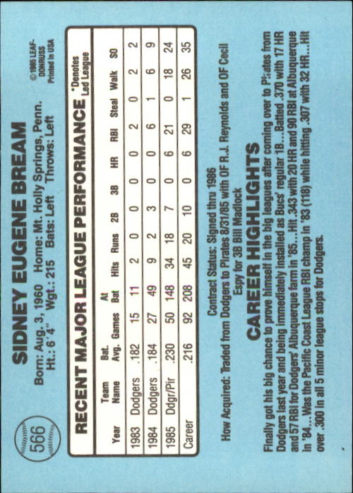 1986 Donruss Baseball "Main Set" Base Cards #441 to #660 - Picture 253 of 439