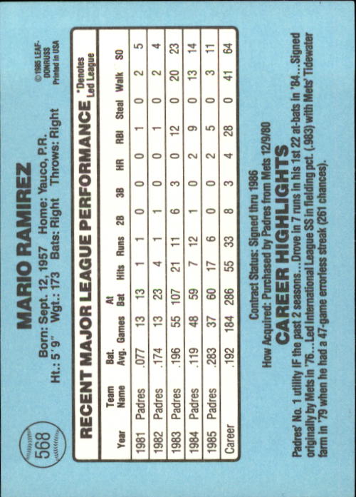 1986 Donruss Baseball "Main Set" Base Cards #441 to #660 - Picture 257 of 439