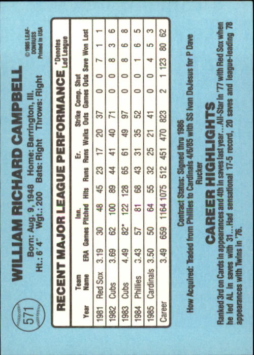 1986 Donruss Baseball "Main Set" Base Cards #441 to #660 - Picture 263 of 439