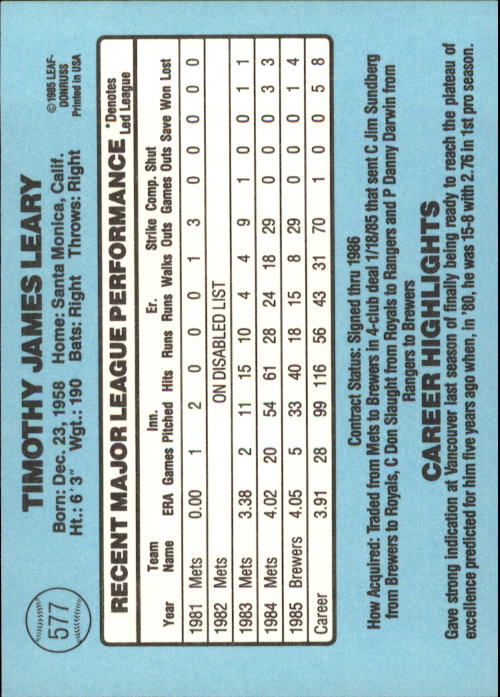 1986 Donruss Baseball "Main Set" Base Cards #441 to #660 - Picture 275 of 439