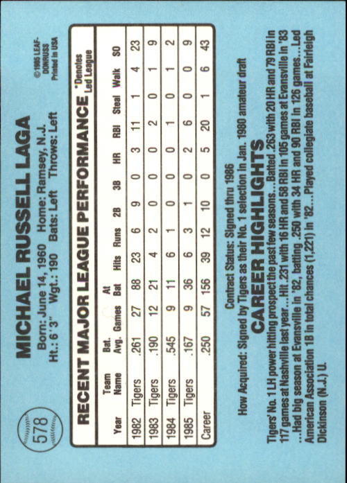 1986 Donruss Baseball "Main Set" Base Cards #441 to #660 - Picture 277 of 439