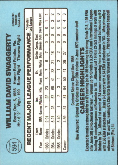 1986 Donruss Baseball "Main Set" Base Cards #441 to #660 - Picture 309 of 439