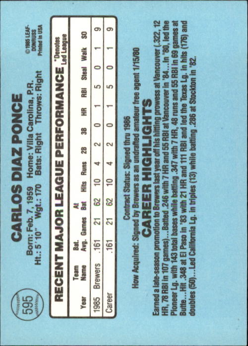 1986 Donruss Baseball "Main Set" Base Cards #441 to #660 - Picture 311 of 439