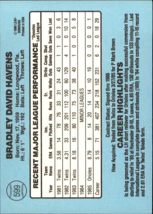 1986 Donruss Baseball "Main Set" Base Cards #441 to #660 - Picture 319 of 439
