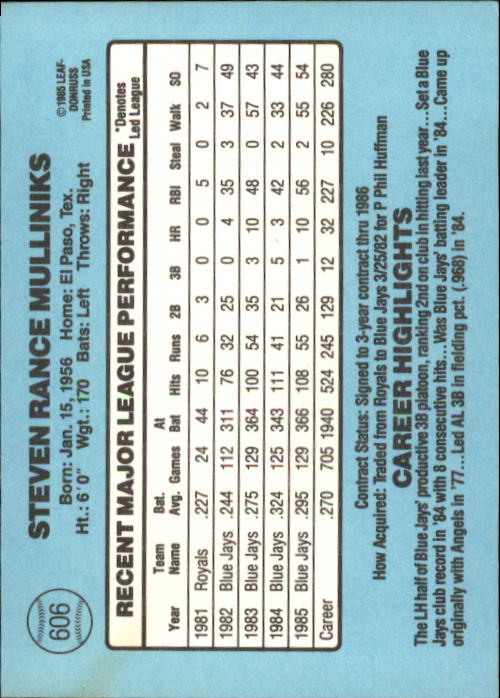 1986 Donruss Baseball "Main Set" Base Cards #441 to #660 - Picture 333 of 439