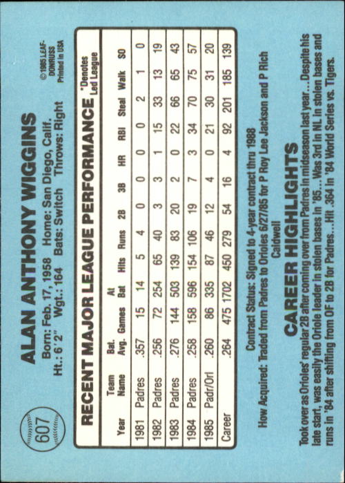 1986 Donruss Baseball "Main Set" Base Cards #441 to #660 - Picture 335 of 439
