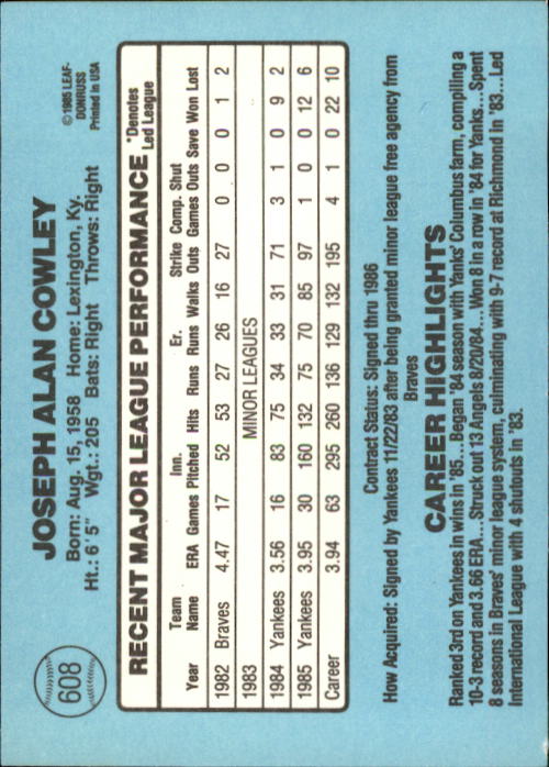 1986 Donruss Baseball "Main Set" Base Cards #441 to #660 - Picture 337 of 439
