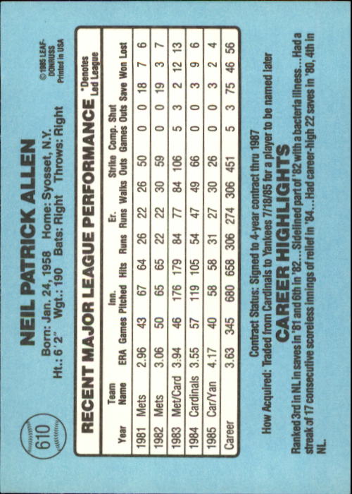 1986 Donruss Baseball "Main Set" Base Cards #441 to #660 - Picture 341 of 439