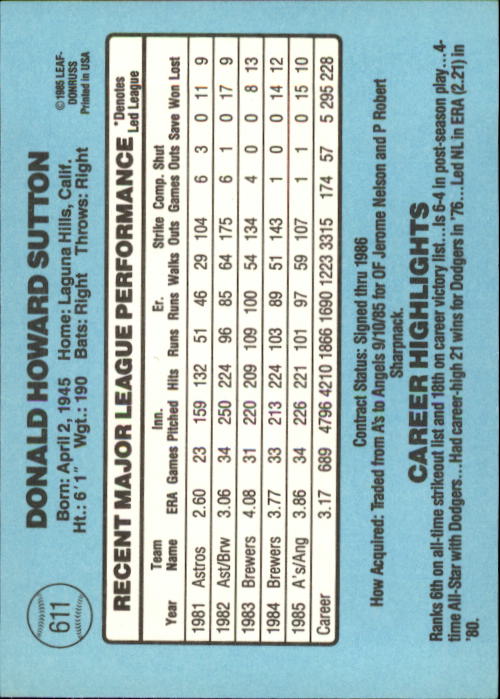 1986 Donruss Baseball "Main Set" Base Cards #441 to #660 - Picture 343 of 439