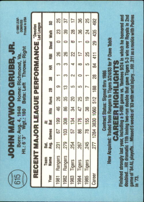1986 Donruss Baseball "Main Set" Base Cards #441 to #660 - Picture 351 of 439
