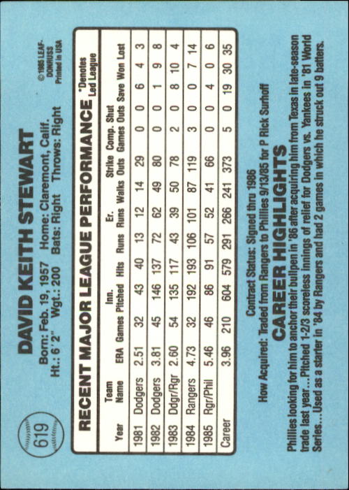 1986 Donruss Baseball "Main Set" Base Cards #441 to #660 - Picture 359 of 439