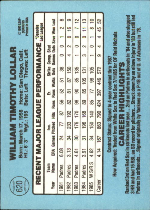 1986 Donruss Baseball "Main Set" Base Cards #441 to #660 - Picture 361 of 439