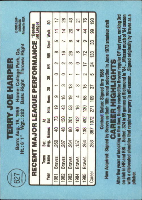 1986 Donruss Baseball "Main Set" Base Cards #441 to #660 - Picture 375 of 439