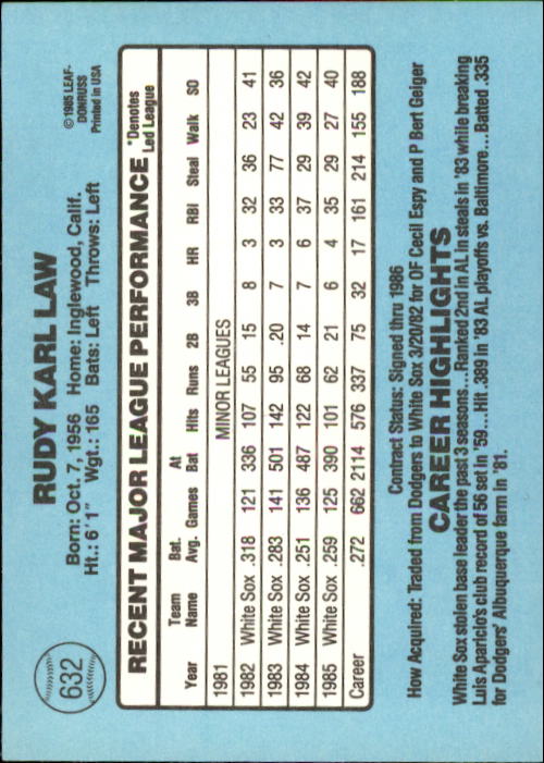 1986 Donruss Baseball "Main Set" Base Cards #441 to #660 - Picture 385 of 439