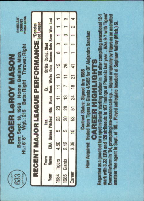 1986 Donruss Baseball "Main Set" Base Cards #441 to #660 - Picture 387 of 439