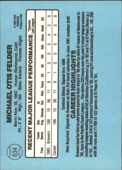 1986 Donruss Baseball "Main Set" Base Cards #441 to #660 - Picture 389 of 439