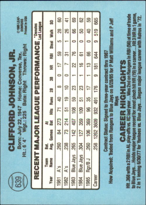 1986 Donruss Baseball "Main Set" Base Cards #441 to #660 - Picture 399 of 439