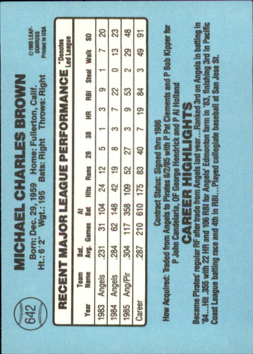1986 Donruss Baseball "Main Set" Base Cards #441 to #660 - Picture 405 of 439
