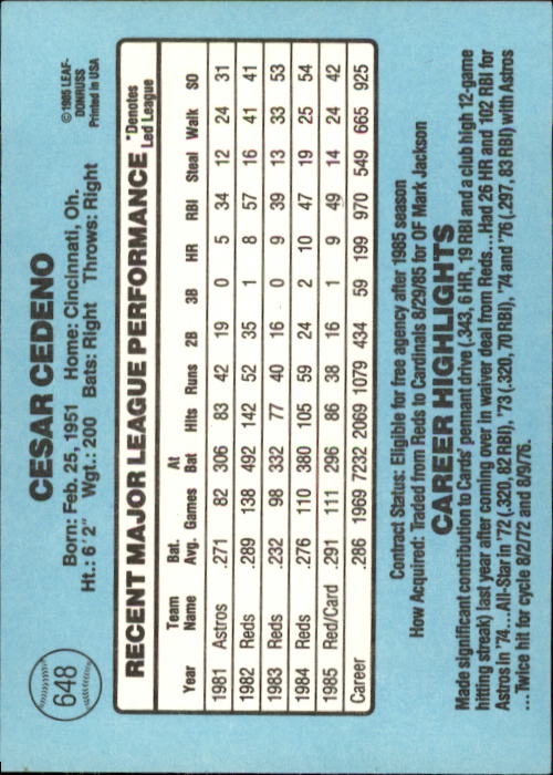 1986 Donruss Baseball "Main Set" Base Cards #441 to #660 - Picture 417 of 439