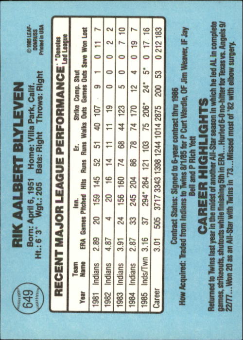 1986 Donruss Baseball "Main Set" Base Cards #441 to #660 - Picture 419 of 439