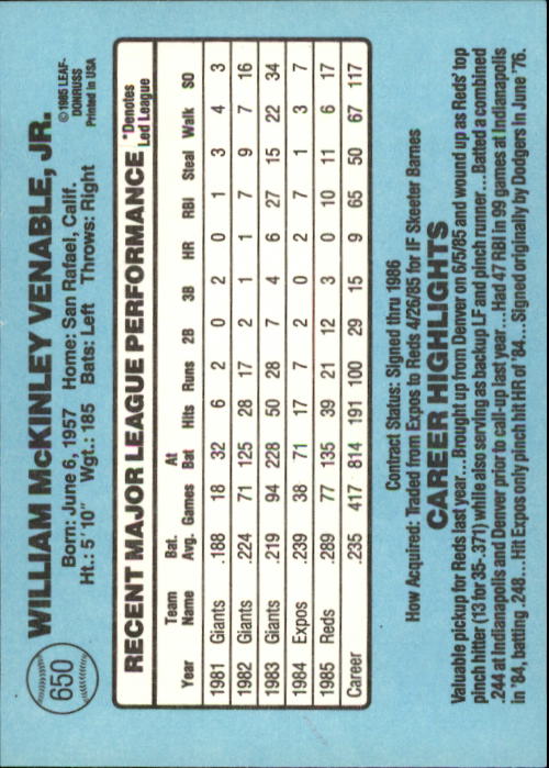 1986 Donruss Baseball "Main Set" Base Cards #441 to #660 - Picture 421 of 439