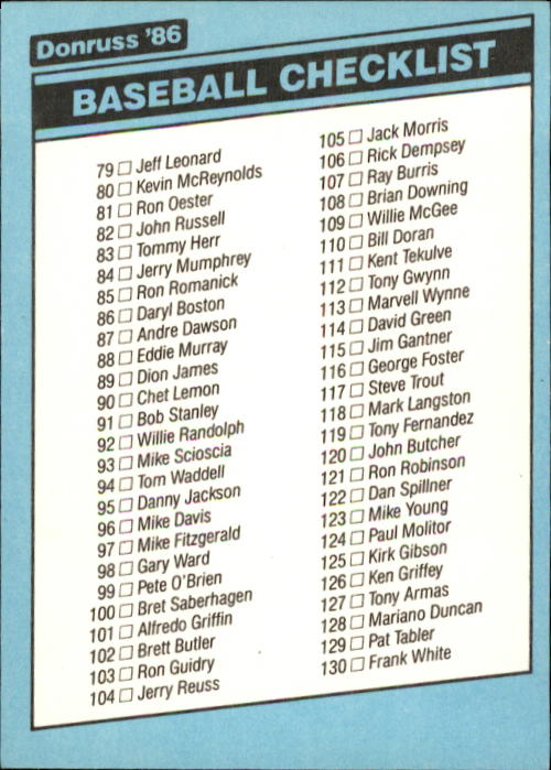 1986 Donruss Baseball "Main Set" Base Cards #441 to #660 - Picture 429 of 439