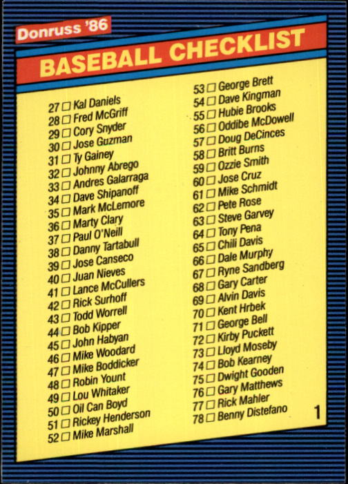 1986 Donruss Baseball "Main Set" Base Cards #441 to #660 - Picture 428 of 439