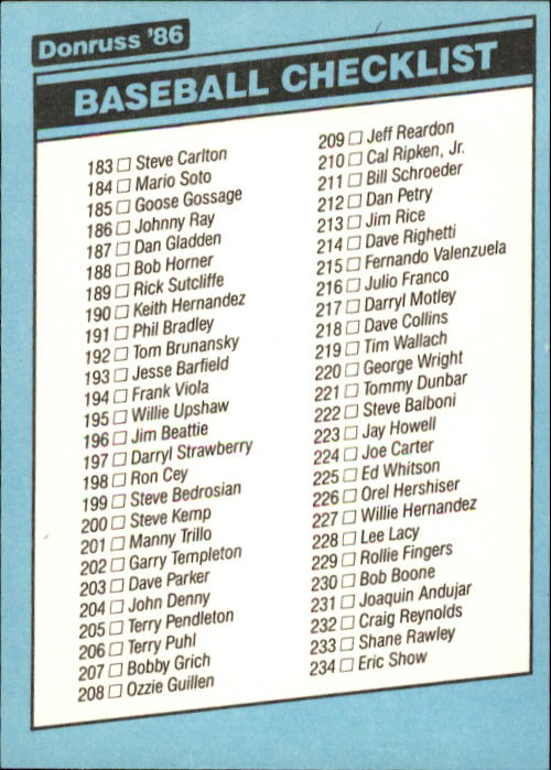 1986 Donruss Baseball "Main Set" Base Cards #441 to #660 - Picture 431 of 439