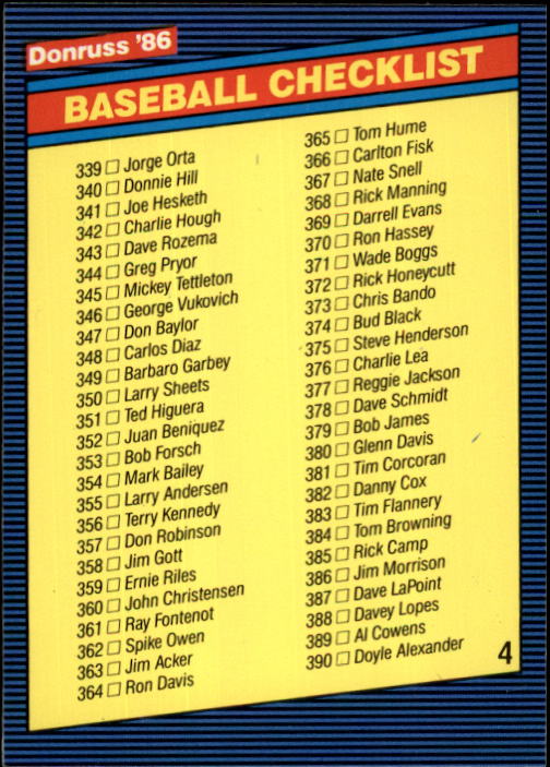 1986 Donruss Baseball "Main Set" Base Cards #441 to #660 - Picture 434 of 439