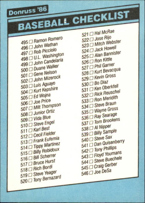 1986 Donruss Baseball "Main Set" Base Cards #441 to #660 - Picture 437 of 439