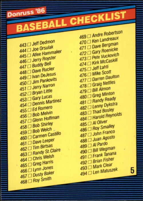 1986 Donruss Baseball "Main Set" Base Cards #441 to #660 - Picture 436 of 439