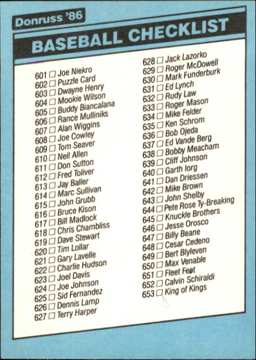 1986 Donruss Baseball "Main Set" Base Cards #441 to #660 - Picture 439 of 439