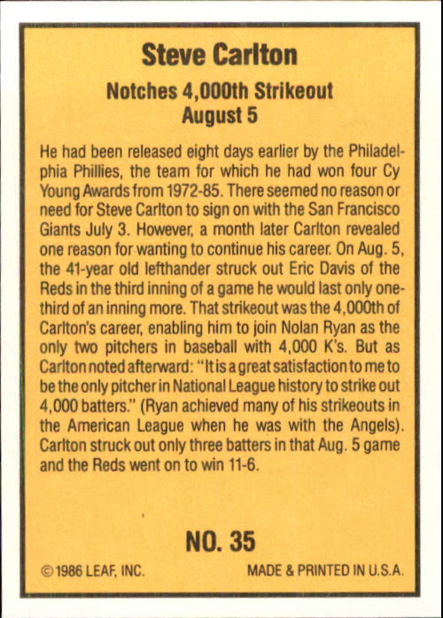 1986 Donruss Highlights Baseball Cards - Picture 71 of 111