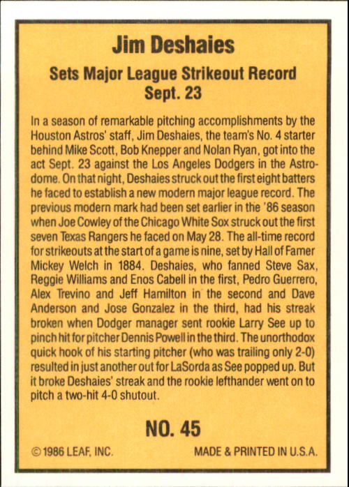 1986 Donruss Highlights Baseball Cards - Picture 89 of 111