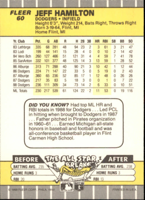 B2619- 1989 Fleer Baseball Card #s 1-244 +Rookies -You Pick- 10+ FREE US SHIP - Picture 121 of 493