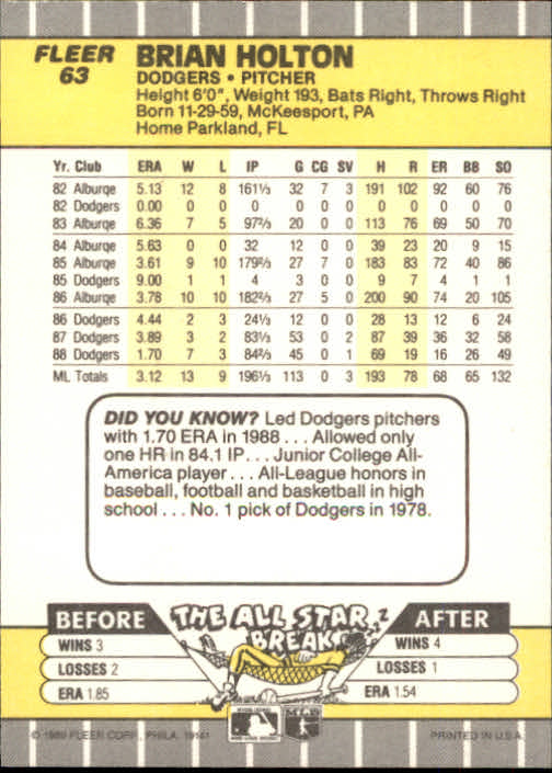 B2619- 1989 Fleer Baseball Card #s 1-244 +Rookies -You Pick- 10+ FREE US SHIP - Picture 127 of 493