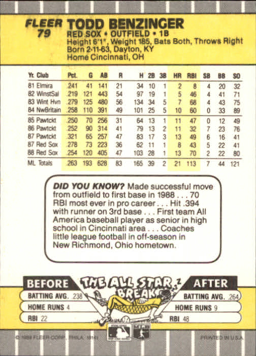 B2619- 1989 Fleer Baseball Card #s 1-244 +Rookies -You Pick- 10+ FREE US SHIP - Picture 159 of 493