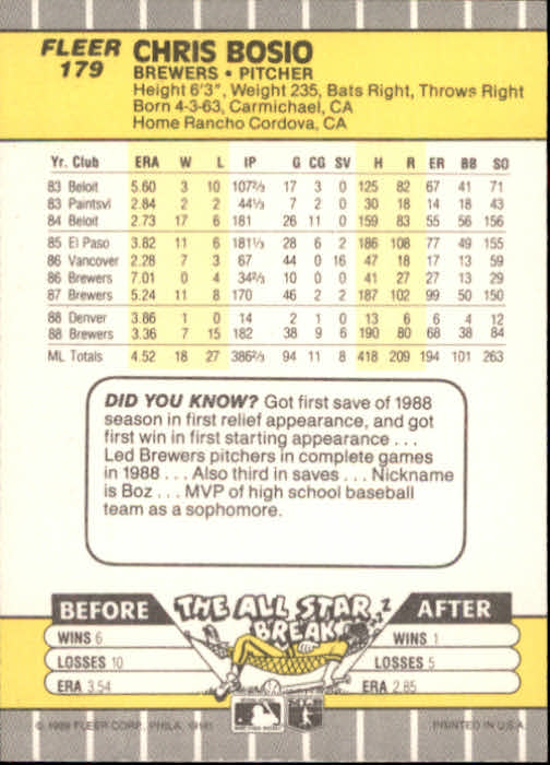 B2619- 1989 Fleer Baseball Card #s 1-244 +Rookies -You Pick- 10+ FREE US SHIP - Picture 363 of 493