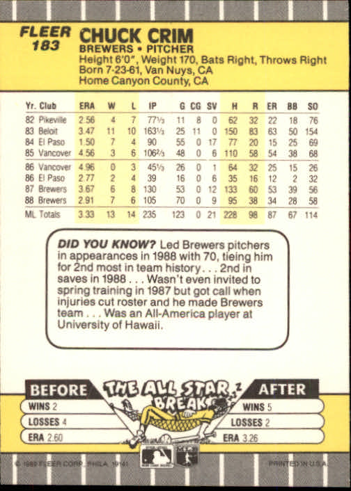 B2619- 1989 Fleer Baseball Card #s 1-244 +Rookies -You Pick- 10+ FREE US SHIP - Picture 371 of 493