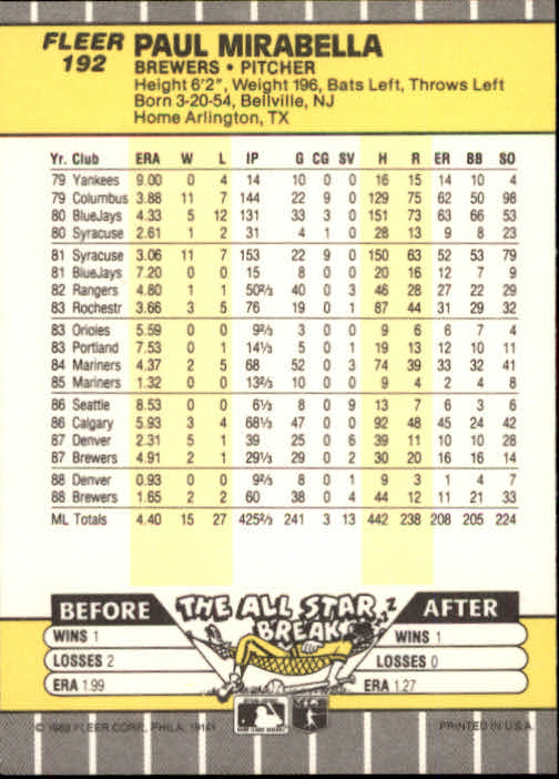 B2619- 1989 Fleer Baseball Card #s 1-244 +Rookies -You Pick- 10+ FREE US SHIP - Picture 389 of 493