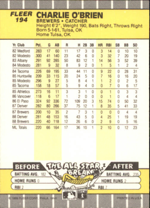 B2619- 1989 Fleer Baseball Card #s 1-244 +Rookies -You Pick- 10+ FREE US SHIP - Picture 393 of 493