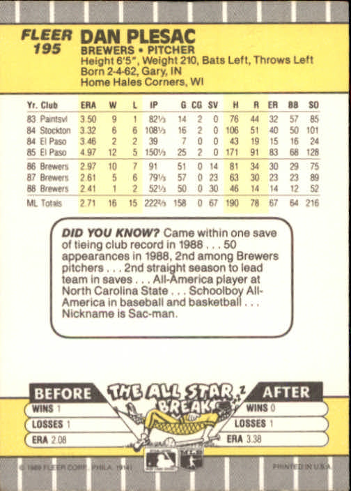 B2619- 1989 Fleer Baseball Card #s 1-244 +Rookies -You Pick- 10+ FREE US SHIP - Picture 395 of 493