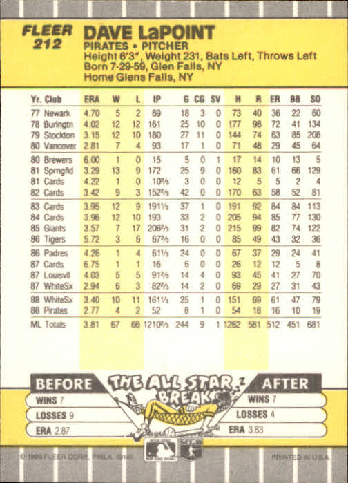 B2619- 1989 Fleer Baseball Card #s 1-244 +Rookies -You Pick- 10+ FREE US SHIP - Picture 429 of 493