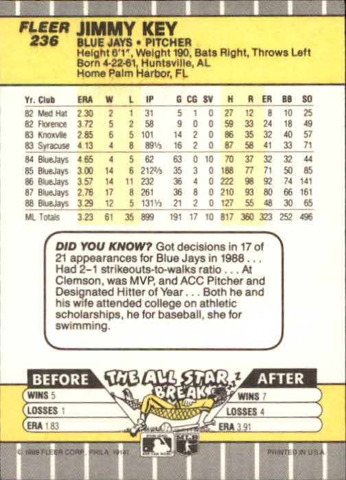 B2619- 1989 Fleer Baseball Card #s 1-244 +Rookies -You Pick- 10+ FREE US SHIP - Picture 477 of 493