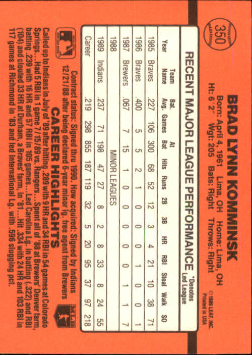 1990 Donruss Baseball "Main Set" Cards #241 to #480 - Picture 223 of 483