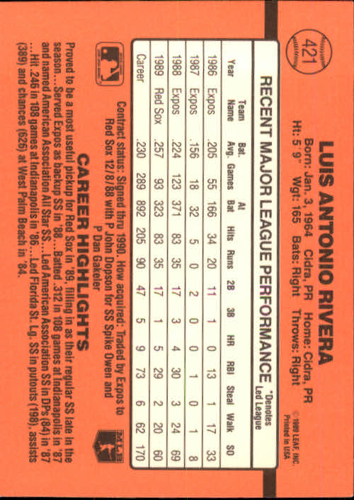 1990 Donruss Baseball "Main Set" Cards #241 to #480 - Picture 365 of 483